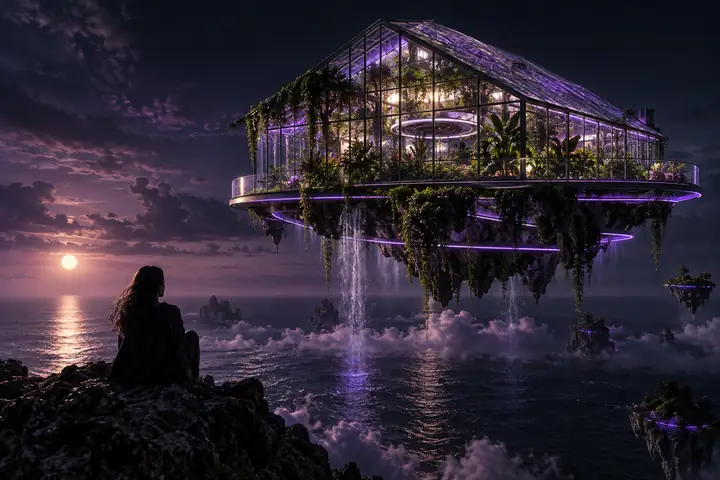 Floating glass greenhouse above the ocean