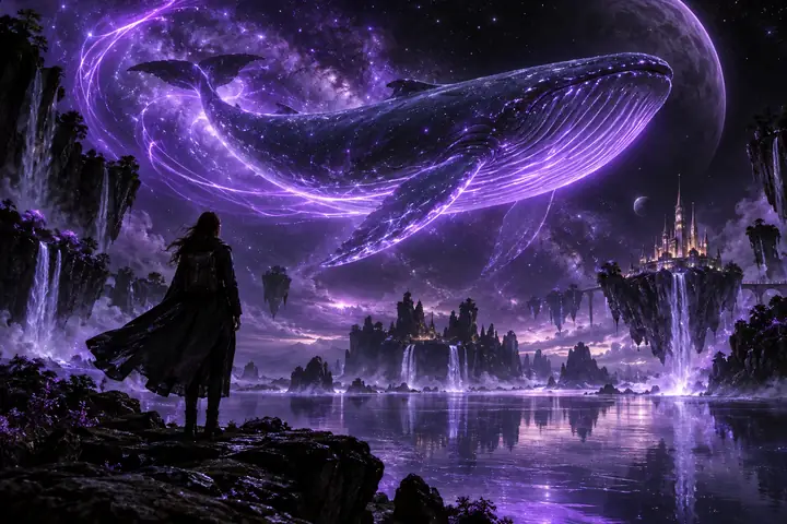 Luminous fantasy scene with a whale